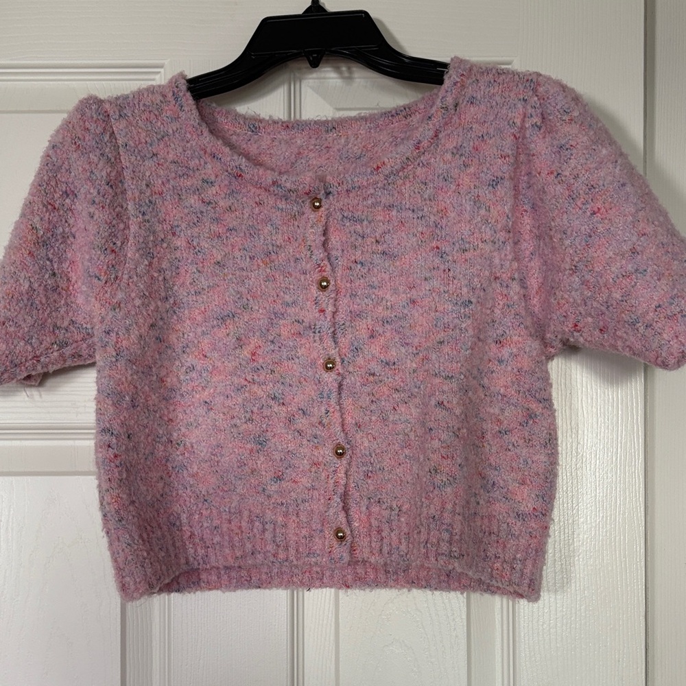 YesStyle Pink Speckled Cardigan With Gold Buttons